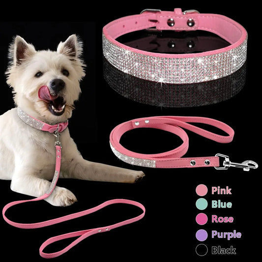 Leather Sparkle Dog Collar Leash Set